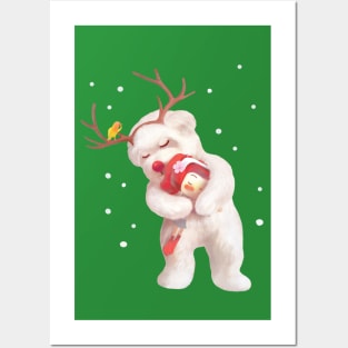 Little Girl Hugging Dog in Reindeer Antlers Posters and Art